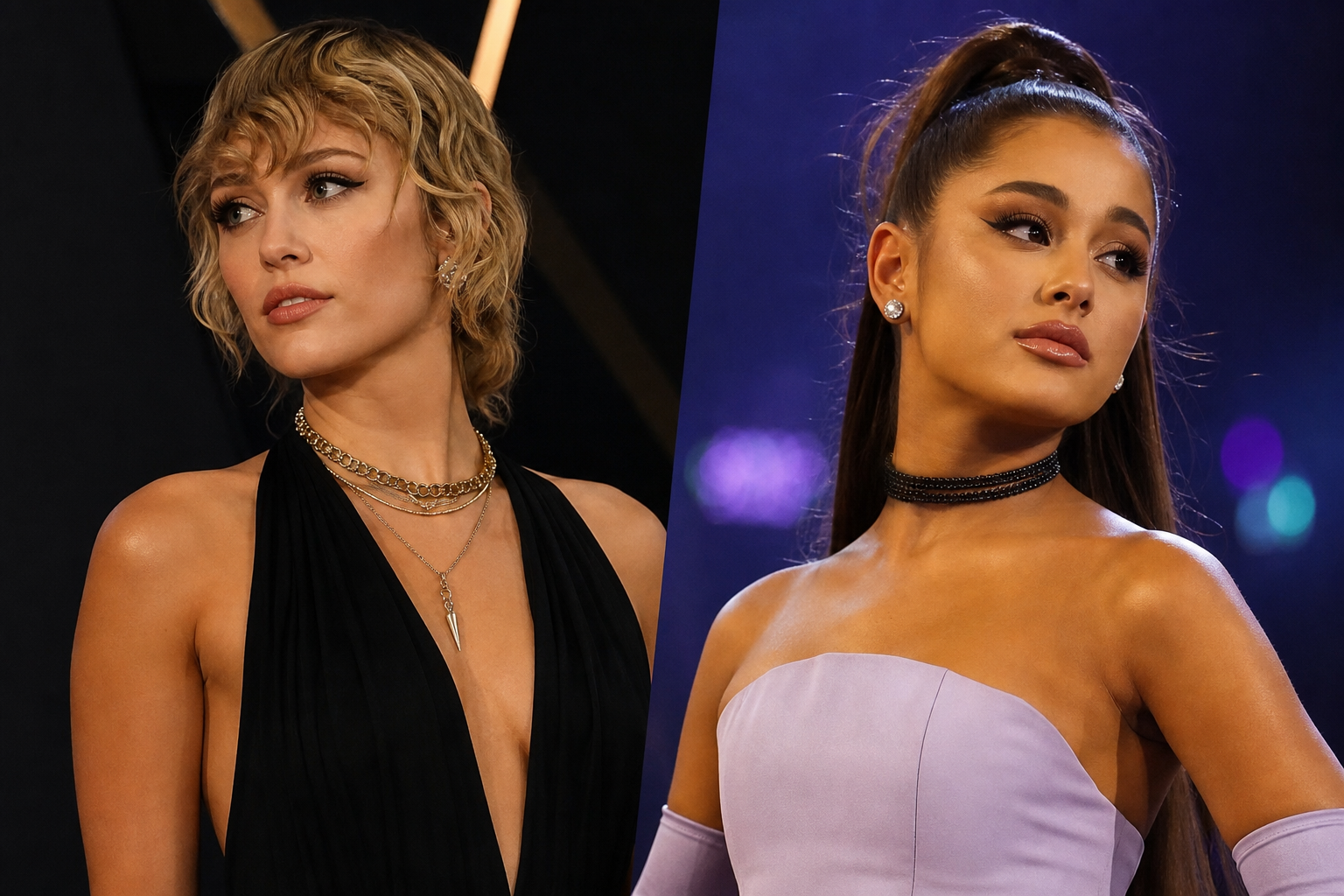 Charli XCX e Taylor Swift em composição editorial inspirada em uma premiação musical, sem texto ou logotipos legíveis