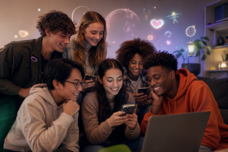 Jovens acompanhando vídeos e interagindo em uma comunidade digital pelo celular e computador