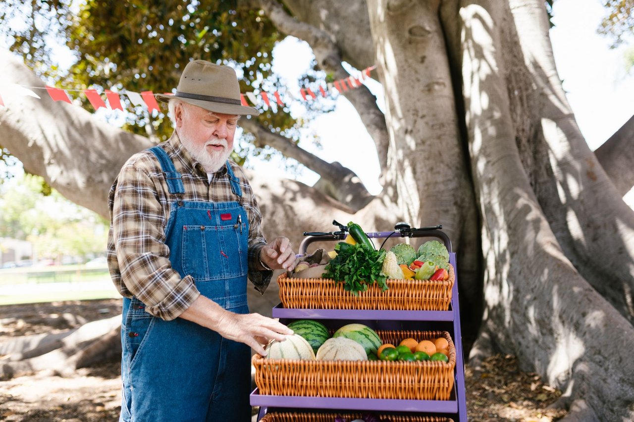 Agricultor idoso em uma banca ao ar livre, com frutas e verduras coloridas à venda
